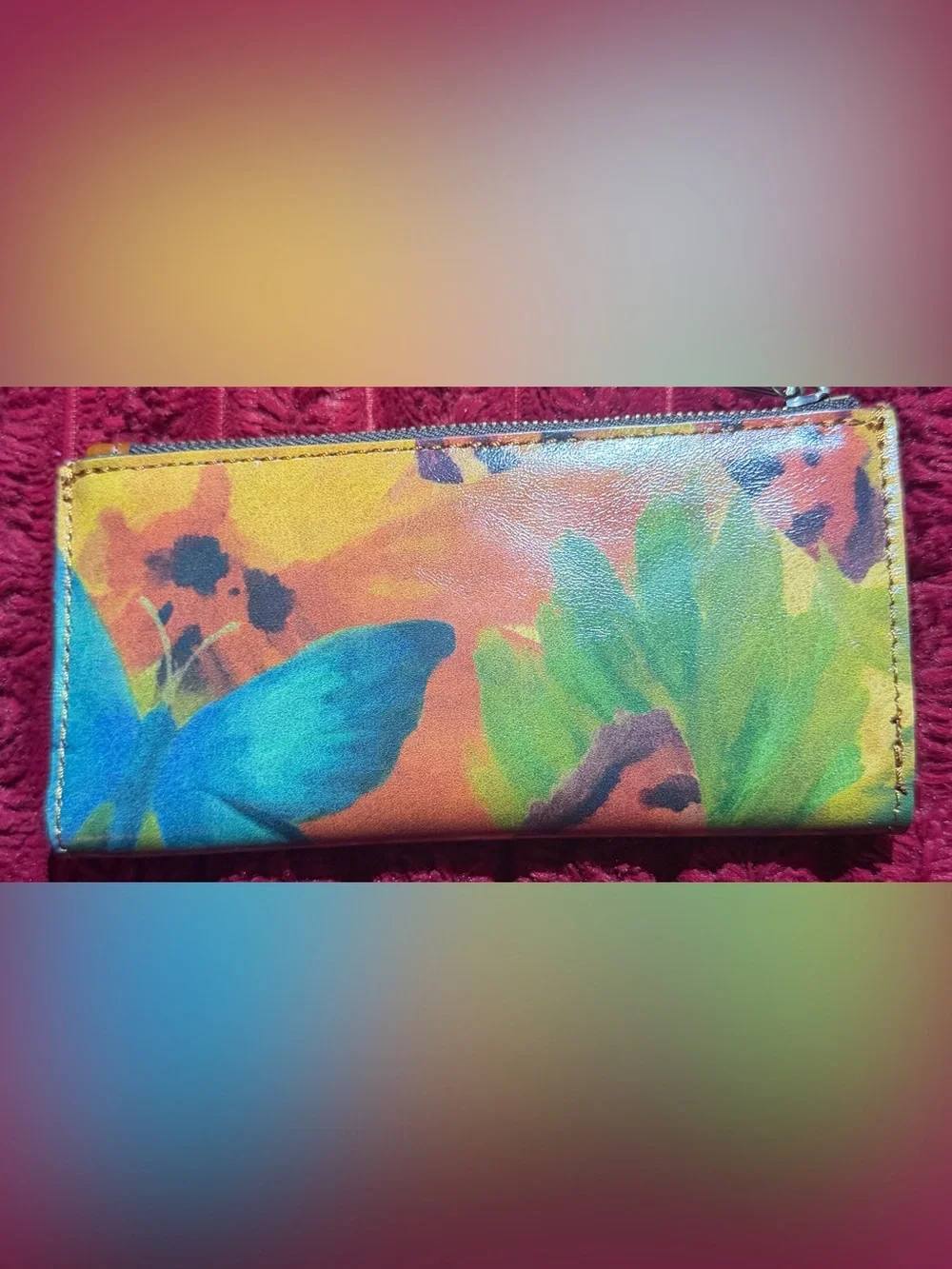 Patricia Nash Butterfly Multicolor Floral Leather Wallet with Tan Tab